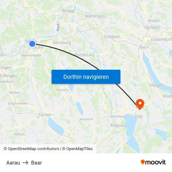 Aarau to Baar map