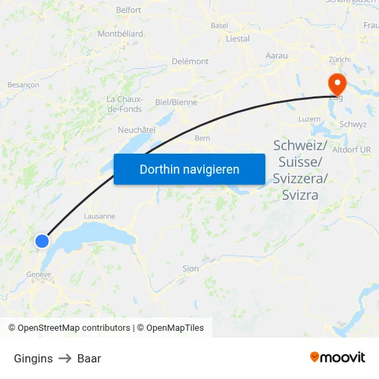 Gingins to Baar map