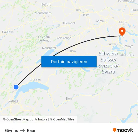 Givrins to Baar map