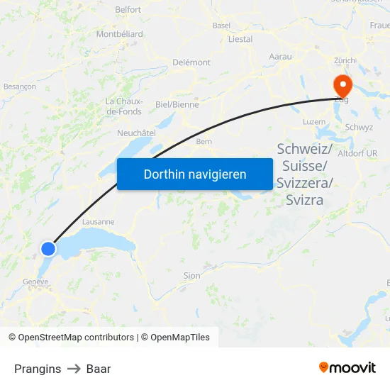 Prangins to Baar map