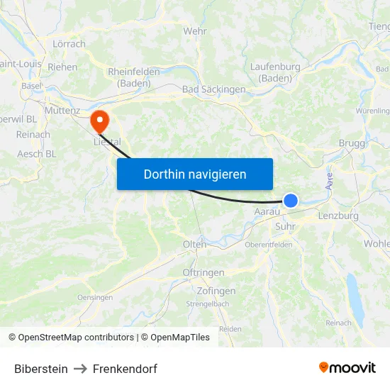 Biberstein to Frenkendorf map