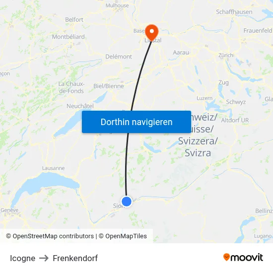 Icogne to Frenkendorf map