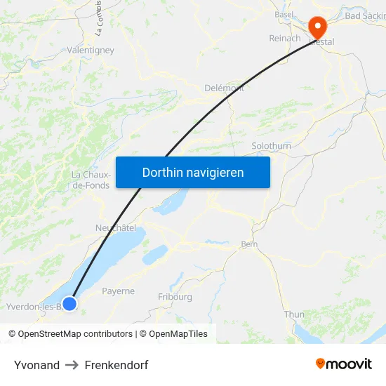 Yvonand to Frenkendorf map