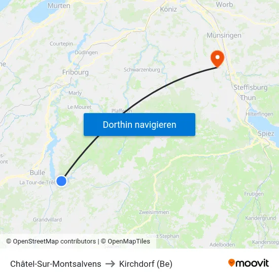 Châtel-Sur-Montsalvens to Kirchdorf (Be) map