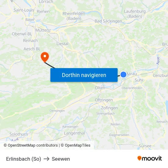 Erlinsbach (So) to Seewen map