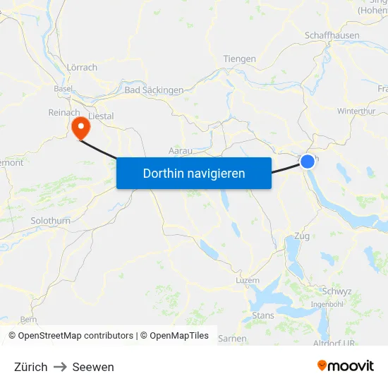 Zürich to Seewen map