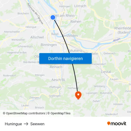 Huningue to Seewen map