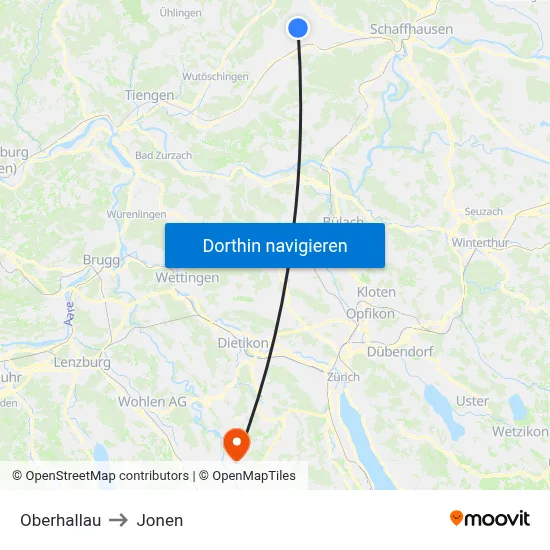 Oberhallau to Jonen map