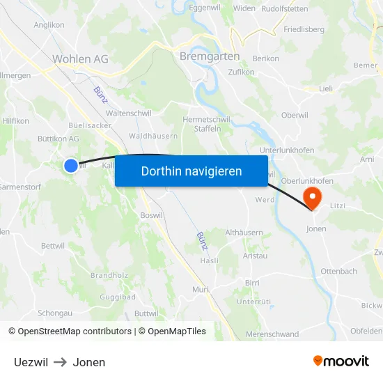 Uezwil to Jonen map