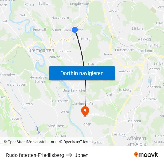 Rudolfstetten-Friedlisberg to Jonen map