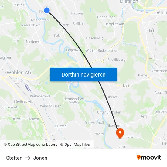 Stetten to Jonen map
