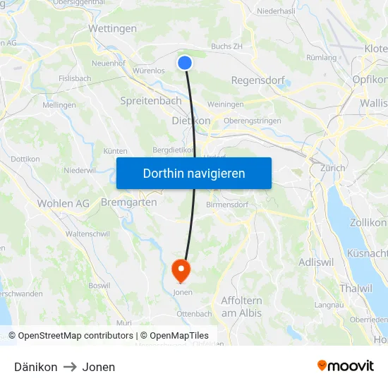 Dänikon to Jonen map
