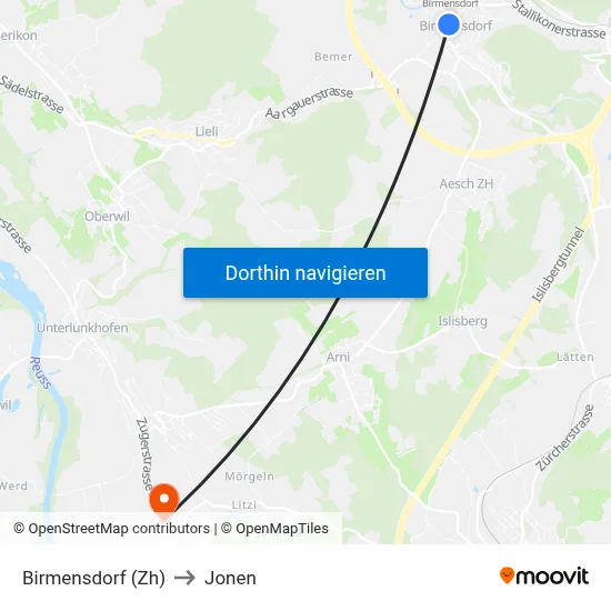 Birmensdorf (Zh) to Jonen map