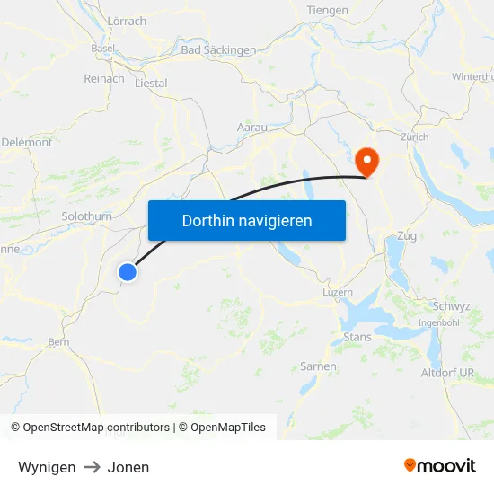 Wynigen to Jonen map