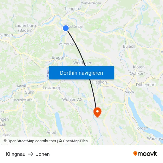 Klingnau to Jonen map