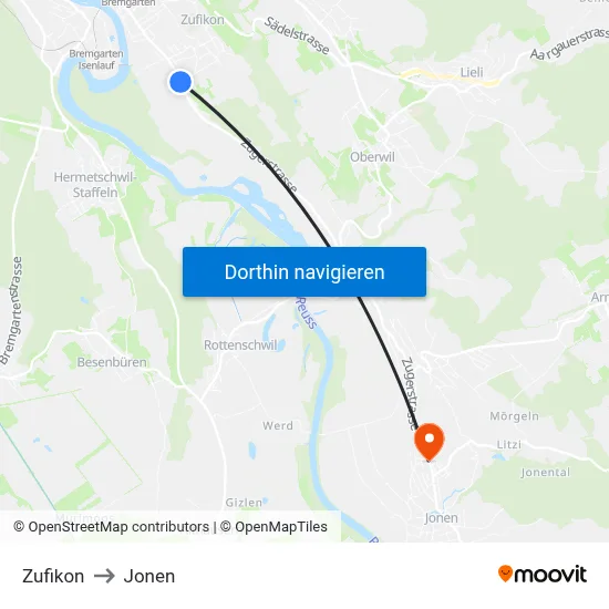 Zufikon to Jonen map