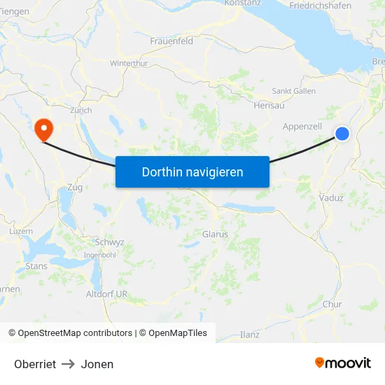 Oberriet to Jonen map