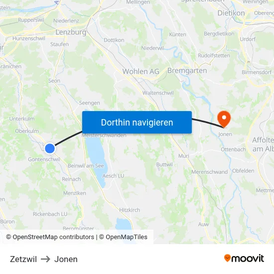Zetzwil to Jonen map