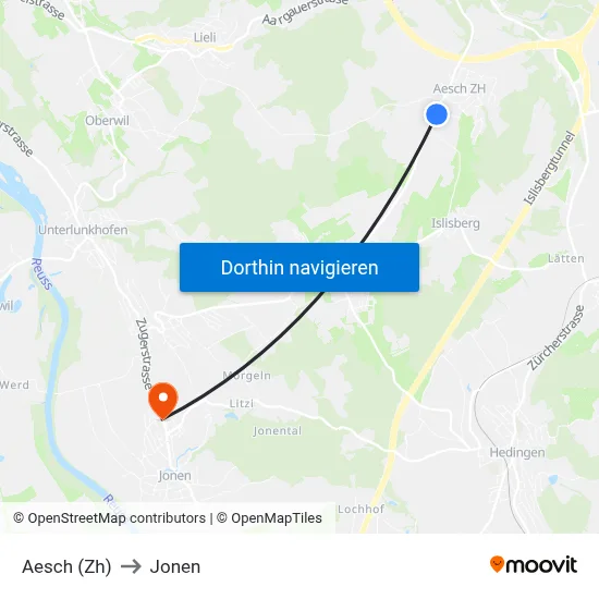 Aesch (Zh) to Jonen map