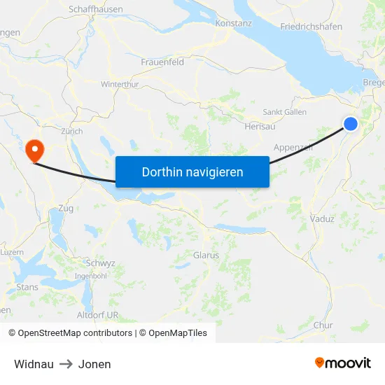 Widnau to Jonen map