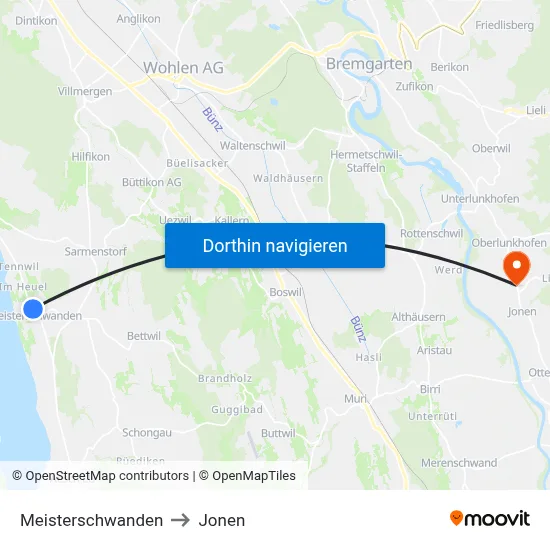Meisterschwanden to Jonen map