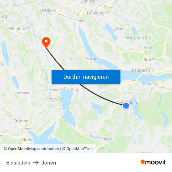 Einsiedeln to Jonen map