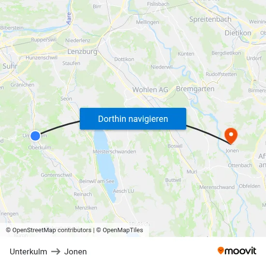 Unterkulm to Jonen map