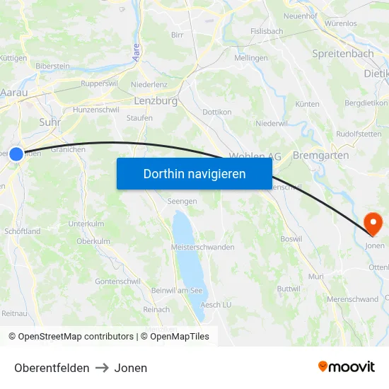 Oberentfelden to Jonen map