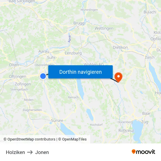 Holziken to Jonen map