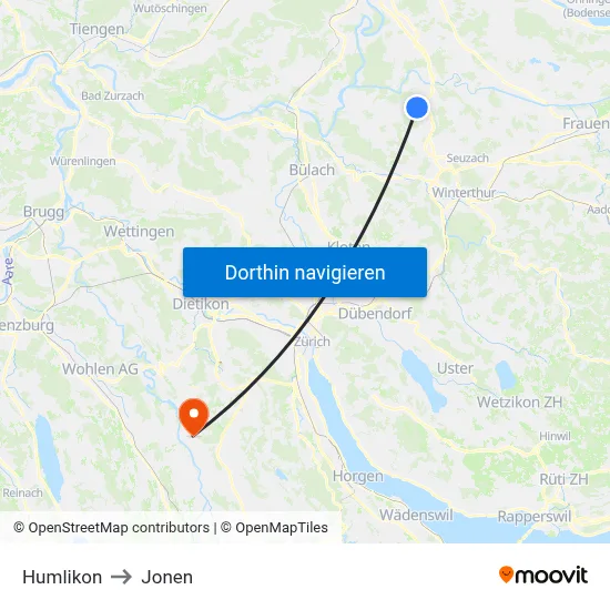 Humlikon to Jonen map