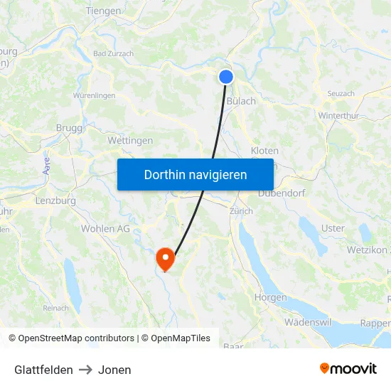 Glattfelden to Jonen map