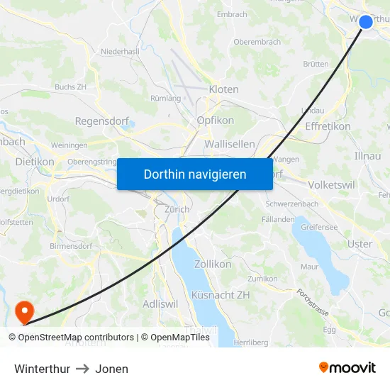 Winterthur to Jonen map