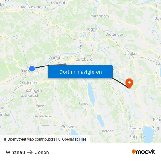 Winznau to Jonen map