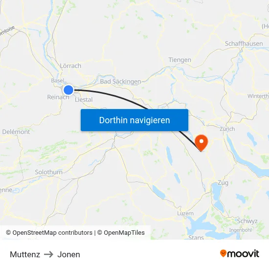 Muttenz to Jonen map