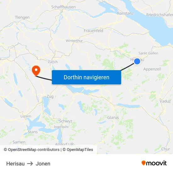 Herisau to Jonen map