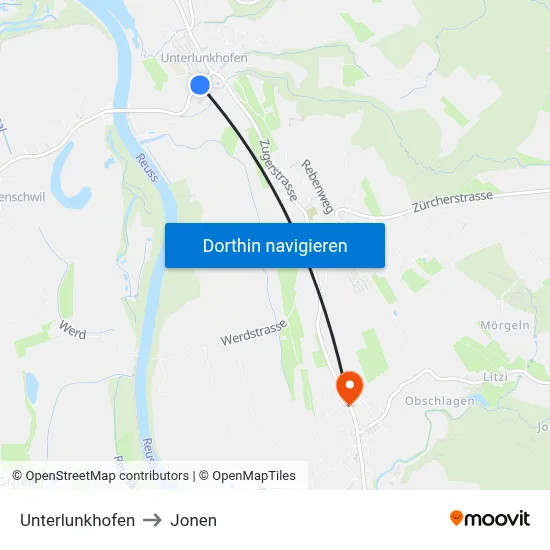 Unterlunkhofen to Jonen map