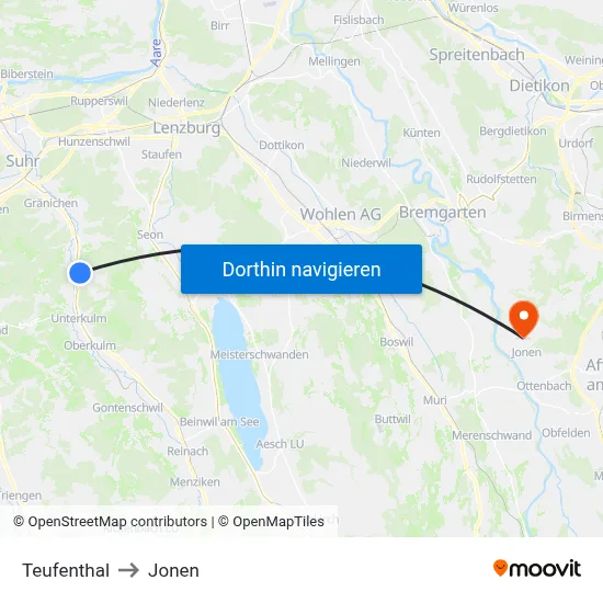 Teufenthal to Jonen map