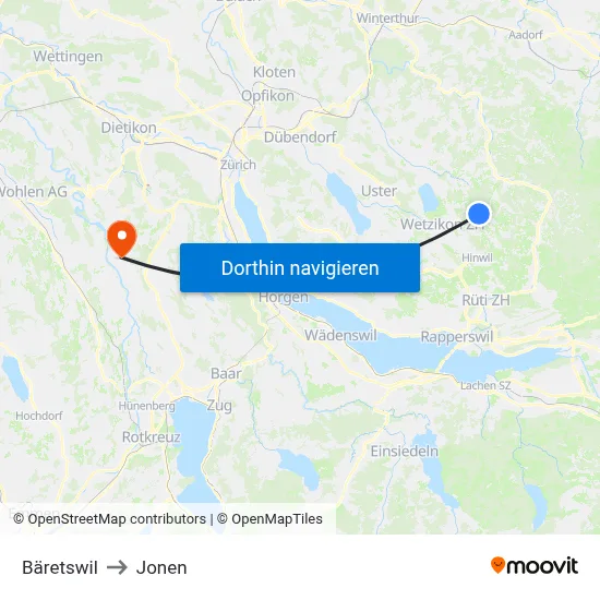 Bäretswil to Jonen map