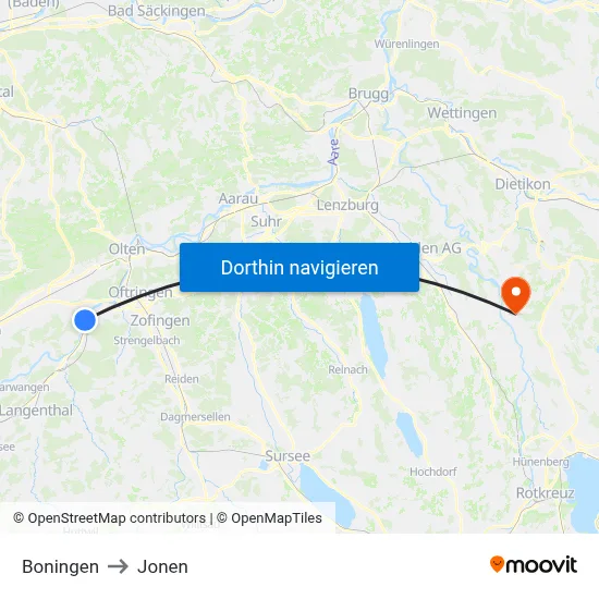Boningen to Jonen map