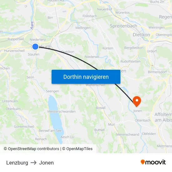 Lenzburg to Jonen map