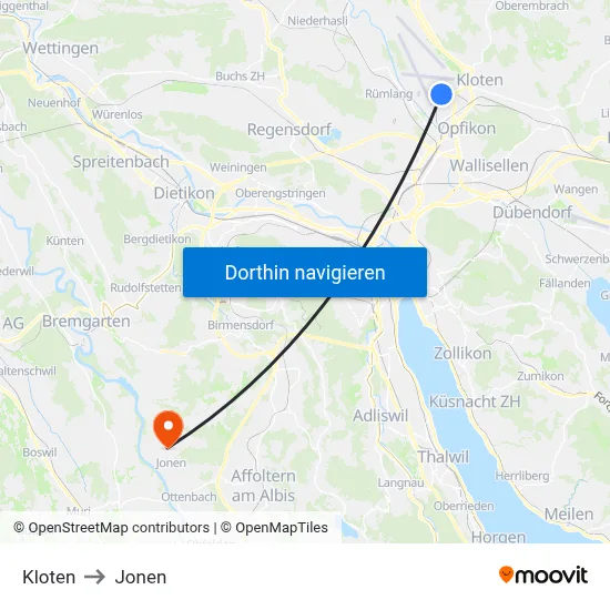 Kloten to Jonen map