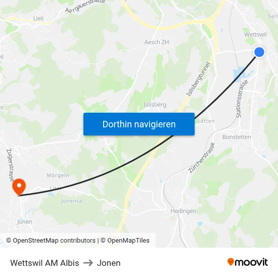 Wettswil AM Albis to Jonen map