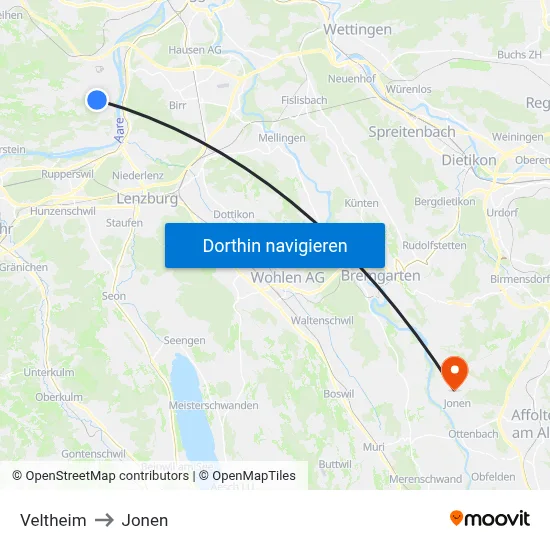 Veltheim to Jonen map