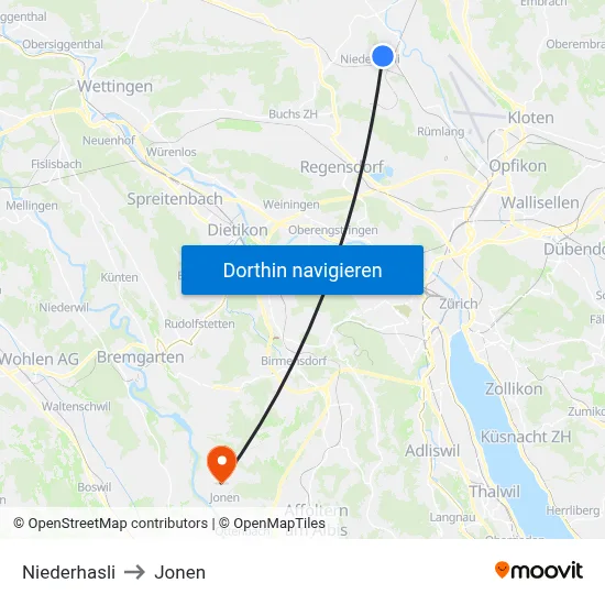 Niederhasli to Jonen map