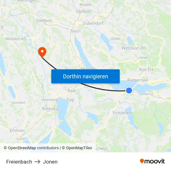 Freienbach to Jonen map