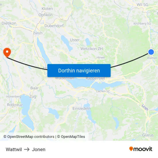 Wattwil to Jonen map
