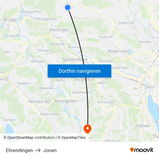 Ehrendingen to Jonen map