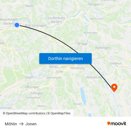 Möhlin to Jonen map