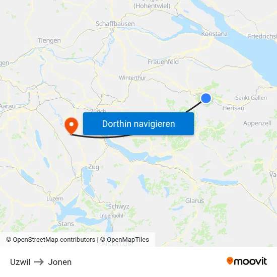 Uzwil to Jonen map