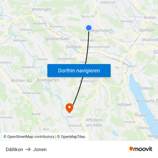 Dällikon to Jonen map